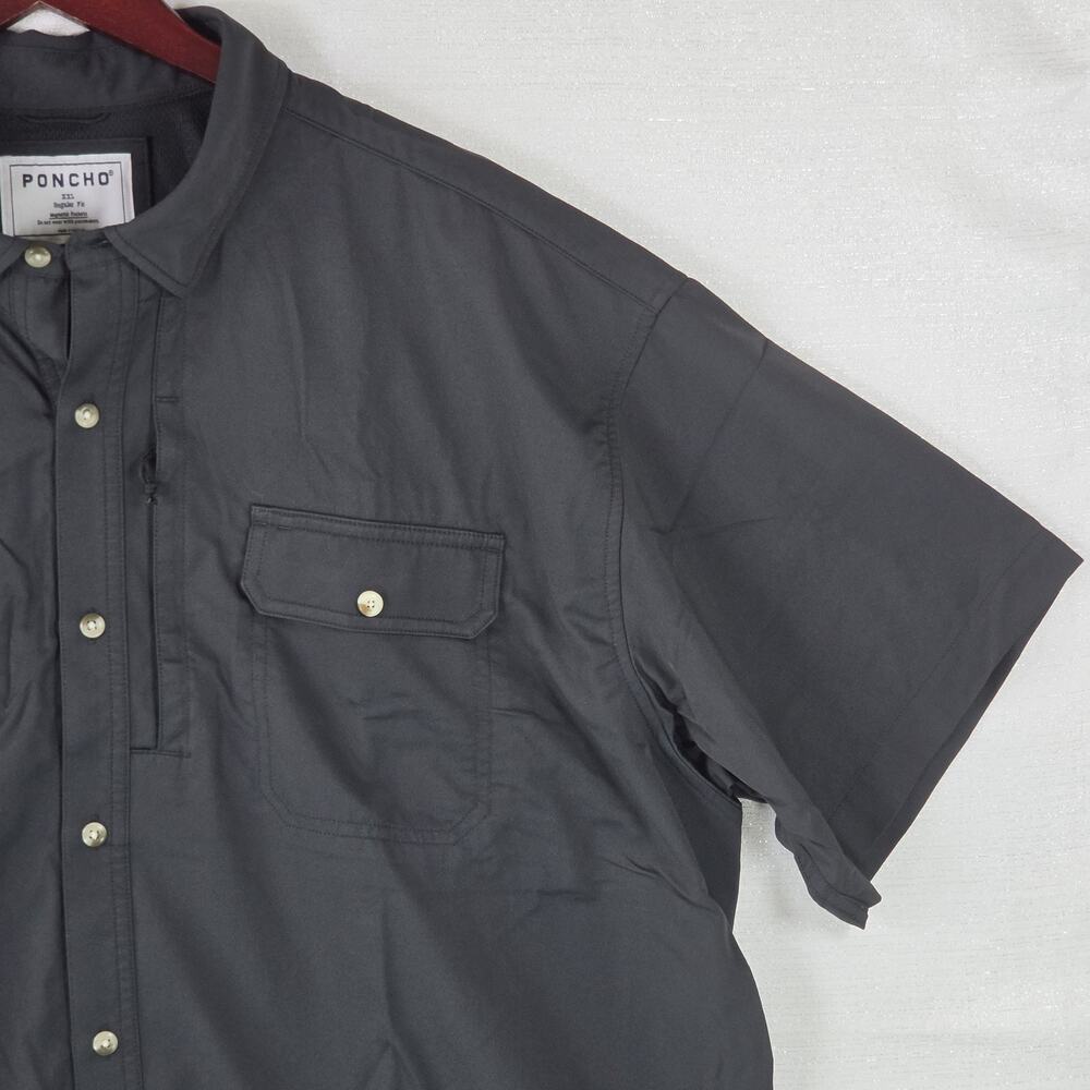 Poncho Men's Black Shirt Regular Fit Short Sleeve Magnetic Pockets Stretch XXL - Picture 3 of 8